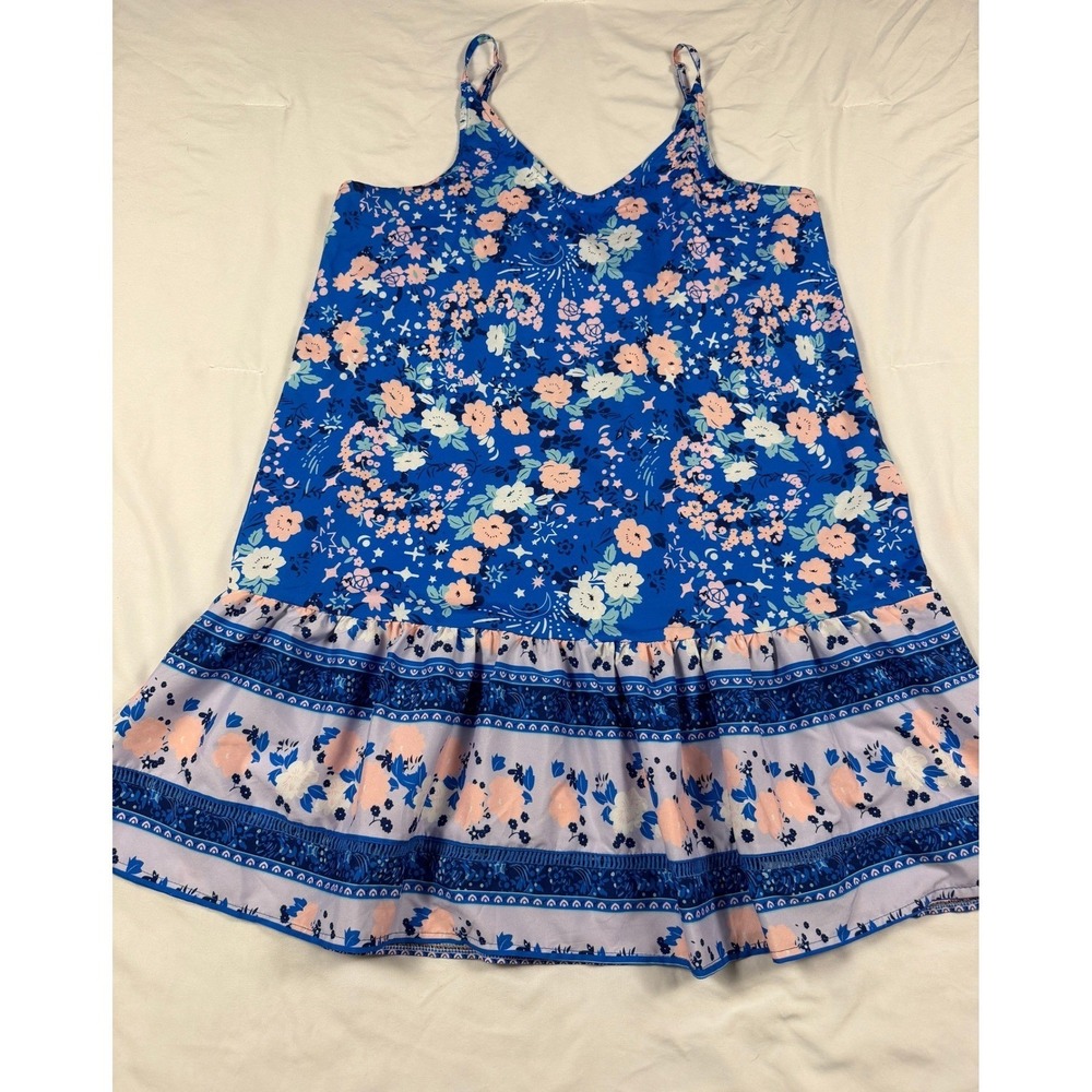 Blue Floral Celestial Mini Dress Tiered Ruffle Hem Adjustable Straps Boho